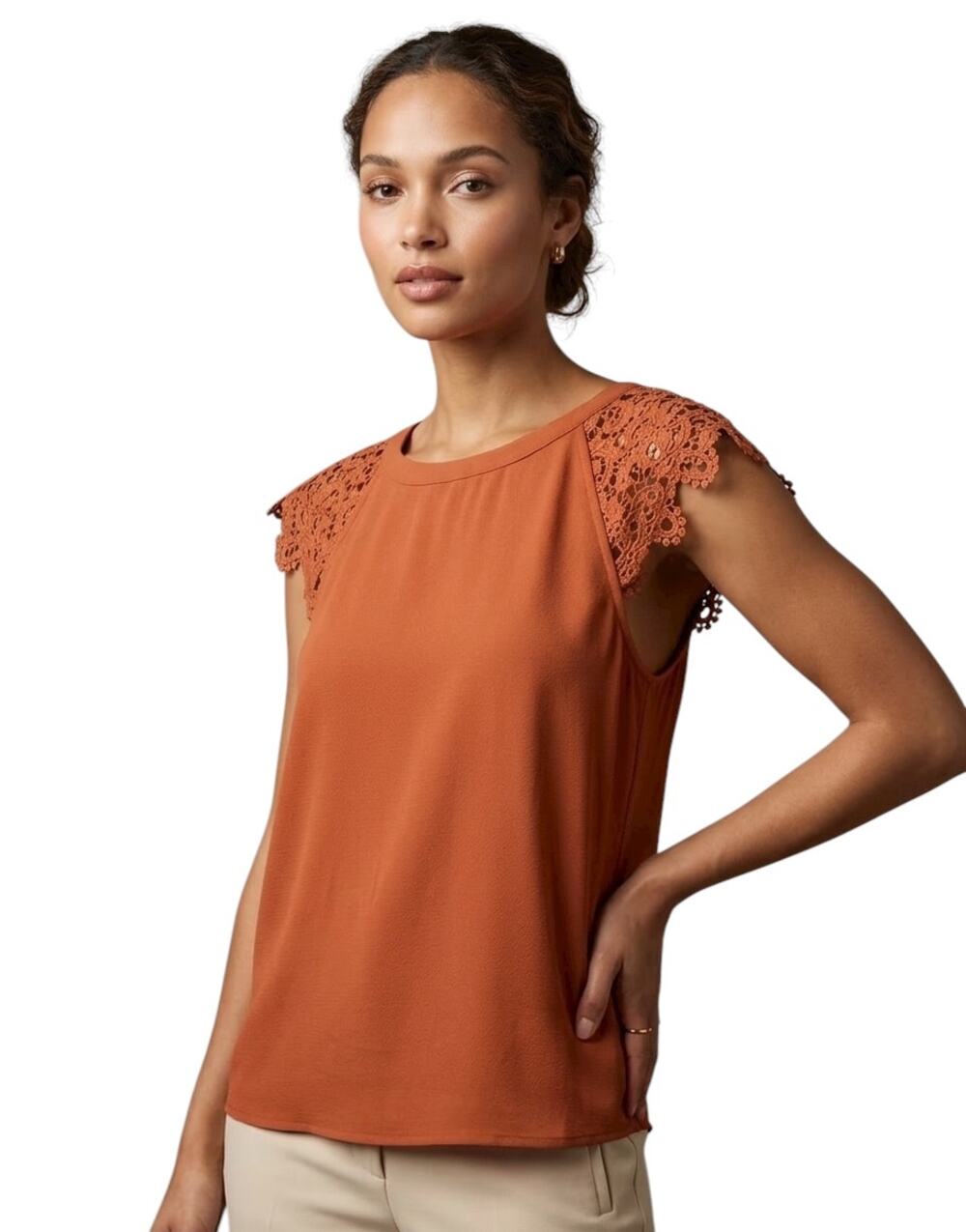 Monteau Los Angeles embroidered sleeve Top in a warm terracotta orange hue